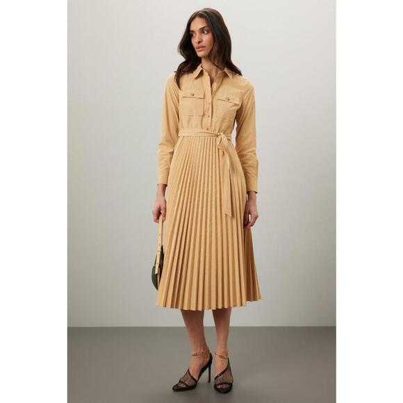 Dresses & Skirts - Derek Lam 10 Crosby Beige Kenza Pleated Shirt Dress Size 4 with Fabric Pull